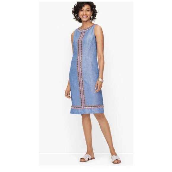 NWT Talbots Linen Scalloped Embroidered Detail Shift Dress Lined Small MSRP $129 - Picture 1 of 13